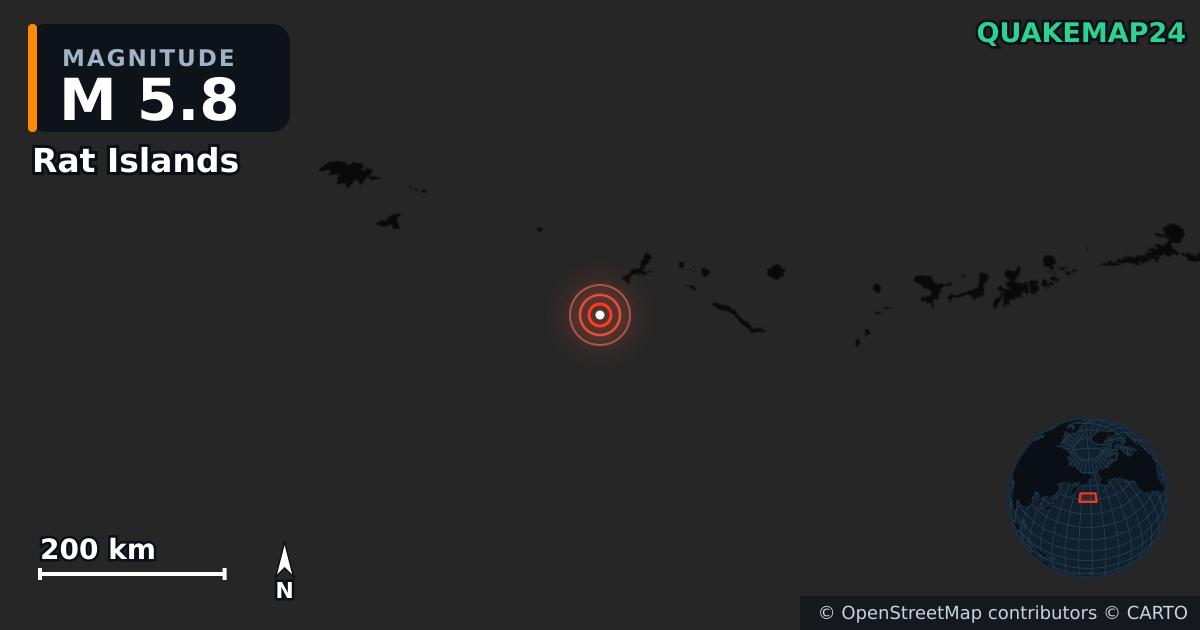 M5.8 earthquake near Rat Islands on Jan 15, 2026 — map of epicenter and shaking intensity | QuakeMap24