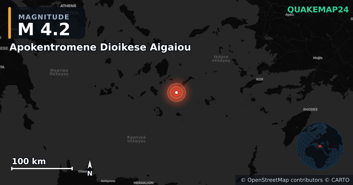 M4.2 earthquake near Apokentromene Dioikese Aigaiou on Jul 2, 2025 — map of epicenter and shaking intensity | QuakeMap24