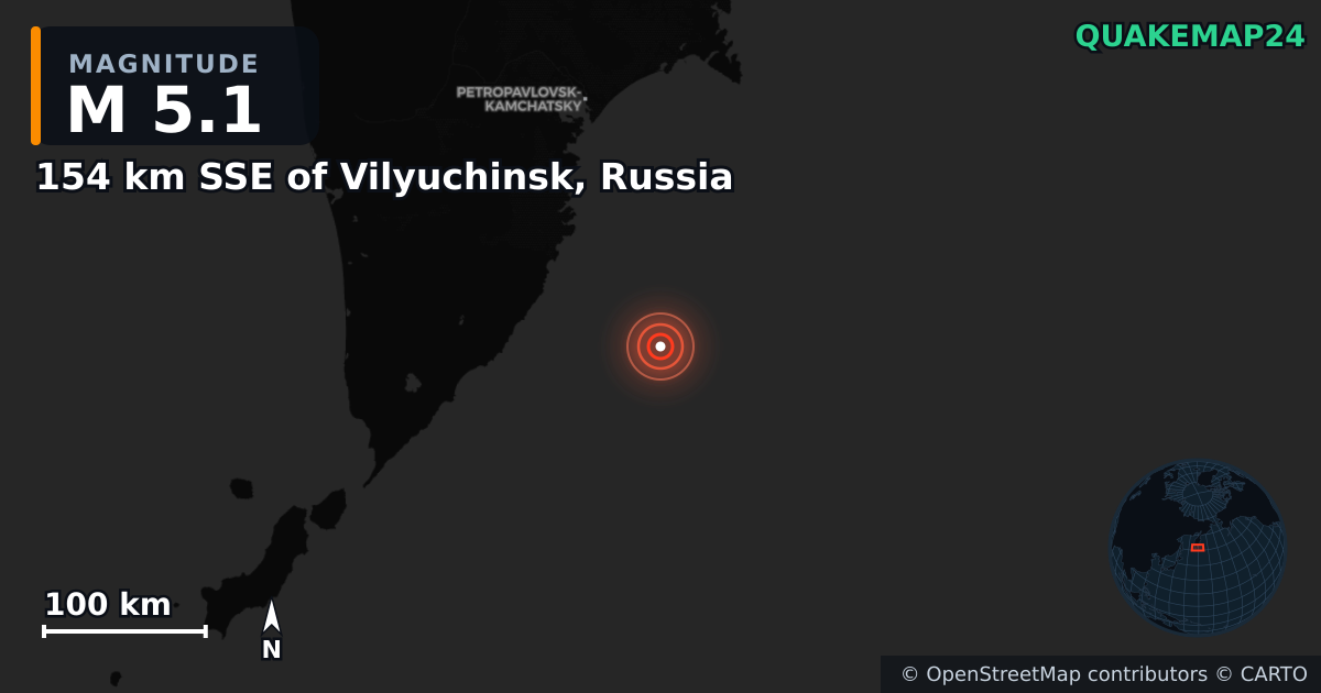 M5.1 earthquake near 154 km SSE of Vilyuchinsk, Russia on Sep 22, 2025 — map of epicenter and shaking intensity | QuakeMap24