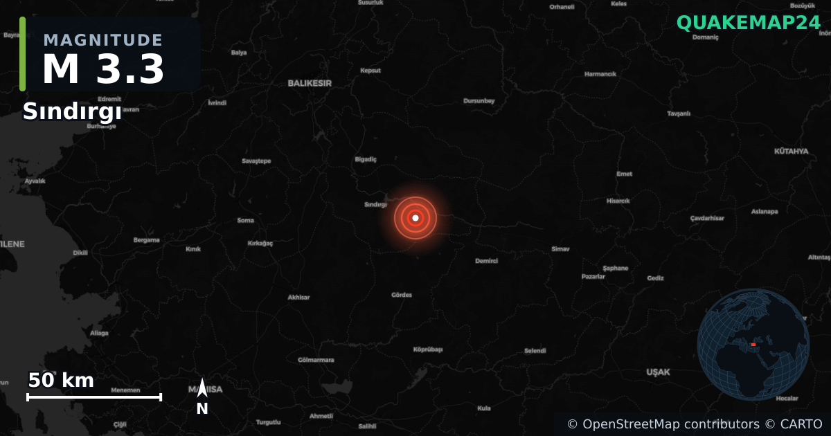 M3.3 earthquake near Sındırgı on Nov 3, 2025 — map of epicenter and shaking intensity | QuakeMap24