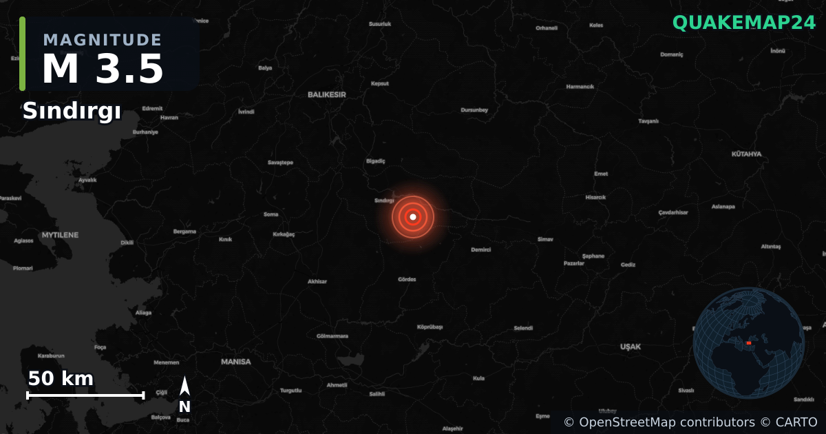 M3.5 earthquake near Sındırgı on Jan 25, 2026 — map of epicenter and shaking intensity | QuakeMap24