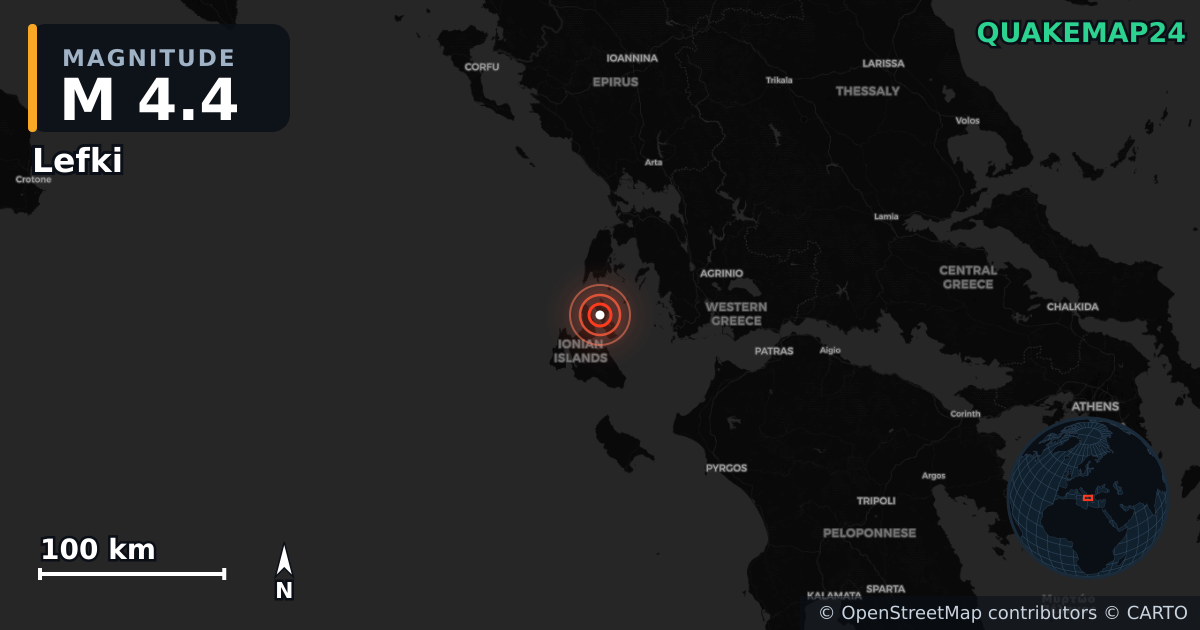 M4.4 earthquake near Lefki on Mar 29, 2026 — map of epicenter and shaking intensity | QuakeMap24