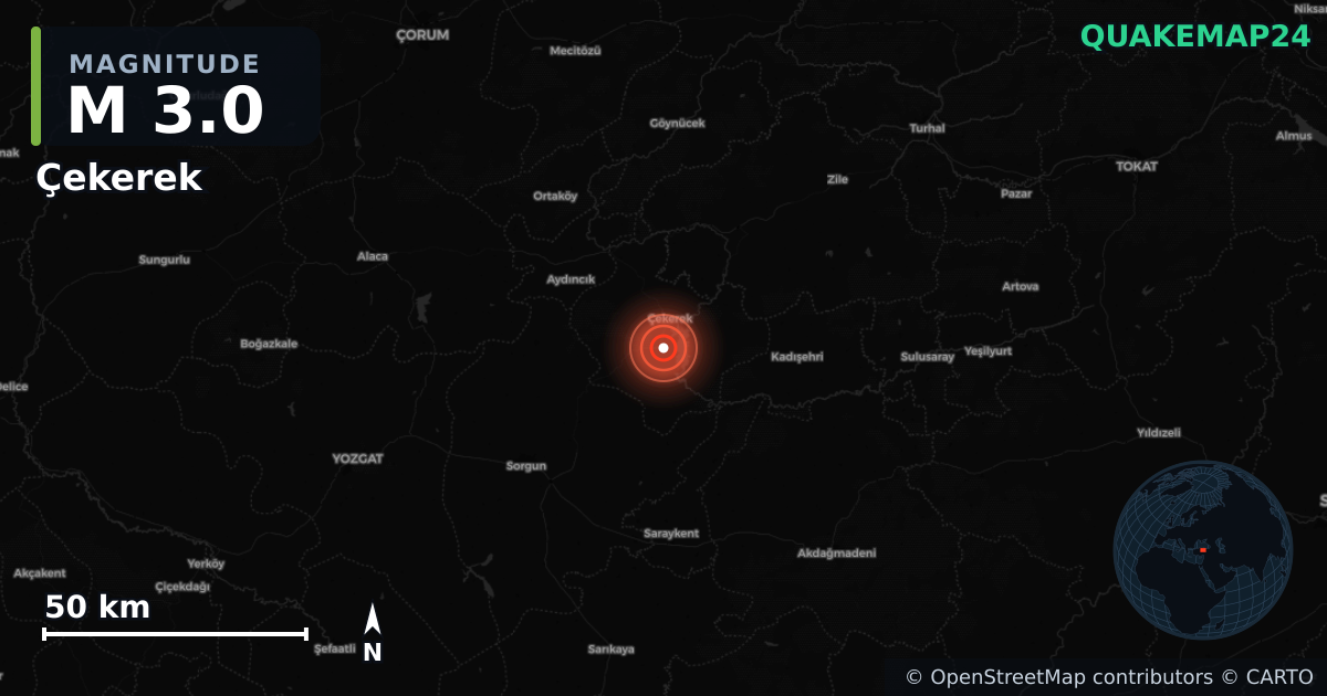 M3.0 earthquake near Çekerek on Jun 23, 2025 — map of epicenter and shaking intensity | QuakeMap24