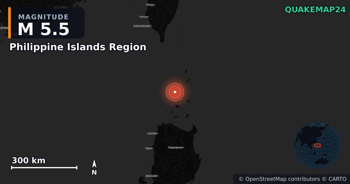 M5.5 earthquake near Philippine Islands Region on Dec 18, 2025 — map of epicenter and shaking intensity | QuakeMap24