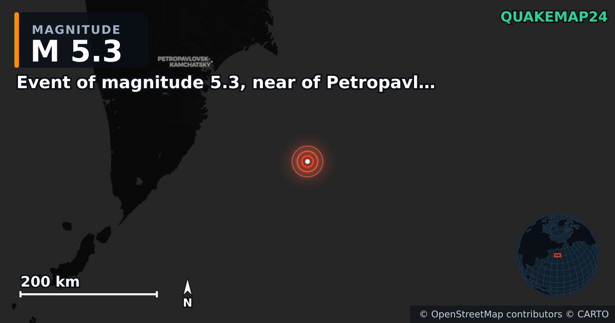 M5.3 earthquake near Event of magnitude 5.3, near of Petropavlovsk Kamchatskiy (Monde) on Mar 6, 2026 — map of epicenter and shaking intensity | QuakeMap24