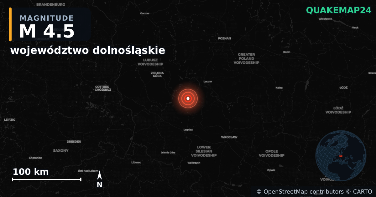 M4.5 earthquake near województwo dolnośląskie on Aug 13, 2025 — map of epicenter and shaking intensity | QuakeMap24