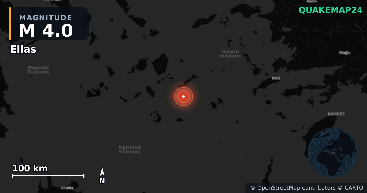 M4.0 earthquake near Ellas on May 29, 2026 — map of epicenter and shaking intensity | QuakeMap24