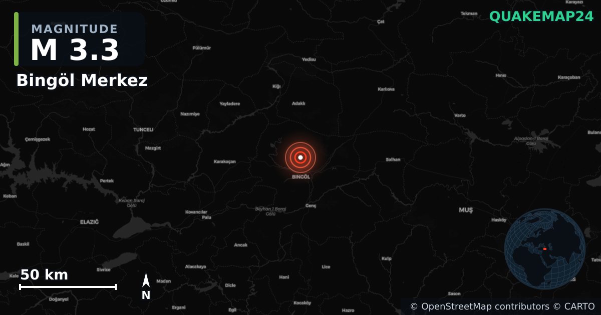 M3.3 earthquake near Bingöl Merkez on Jan 21, 2026 — map of epicenter and shaking intensity | QuakeMap24