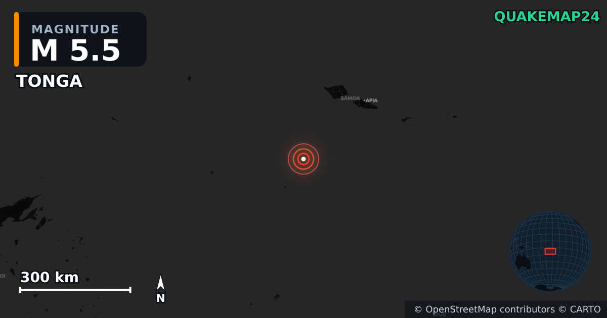 M5.5 earthquake near TONGA on Aug 12, 2025 — map of epicenter and shaking intensity | QuakeMap24