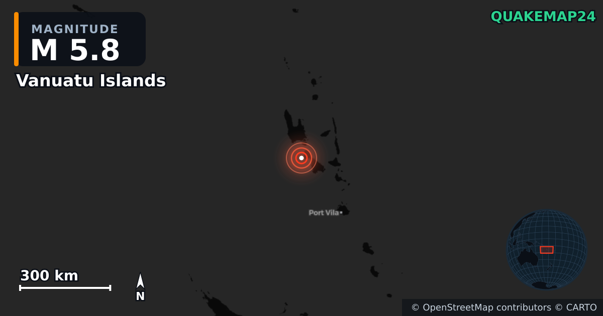 M5.8 earthquake near Vanuatu Islands on Mar 21, 2026 — map of epicenter and shaking intensity | QuakeMap24