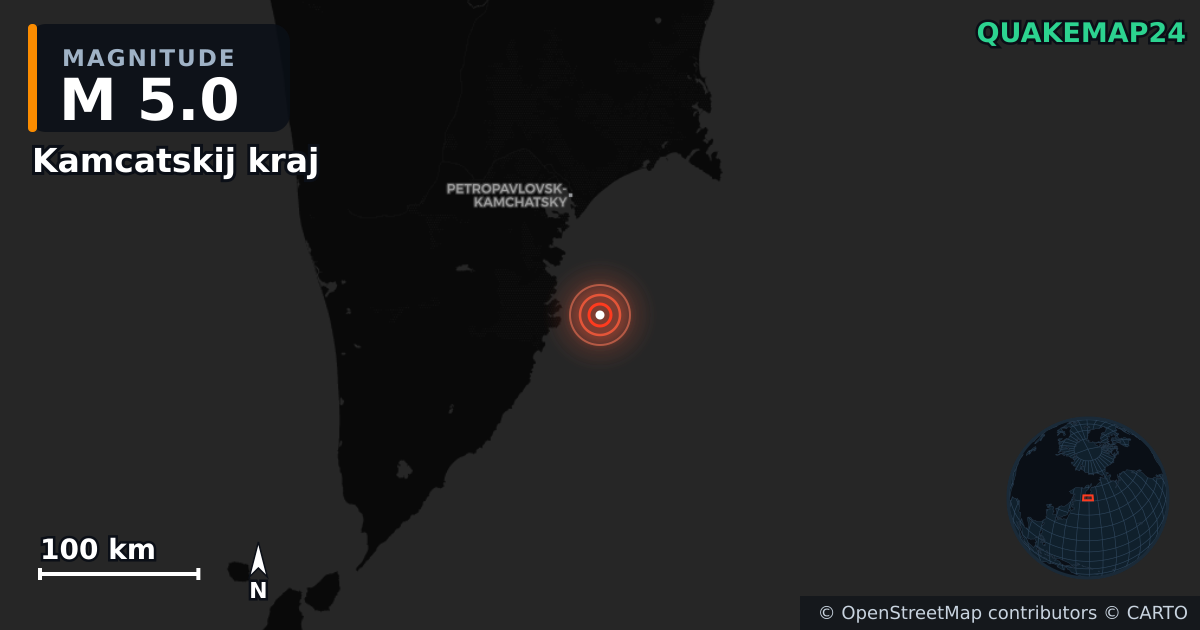 M5.0 earthquake near Kamcatskij kraj on Sep 12, 2025 — map of epicenter and shaking intensity | QuakeMap24