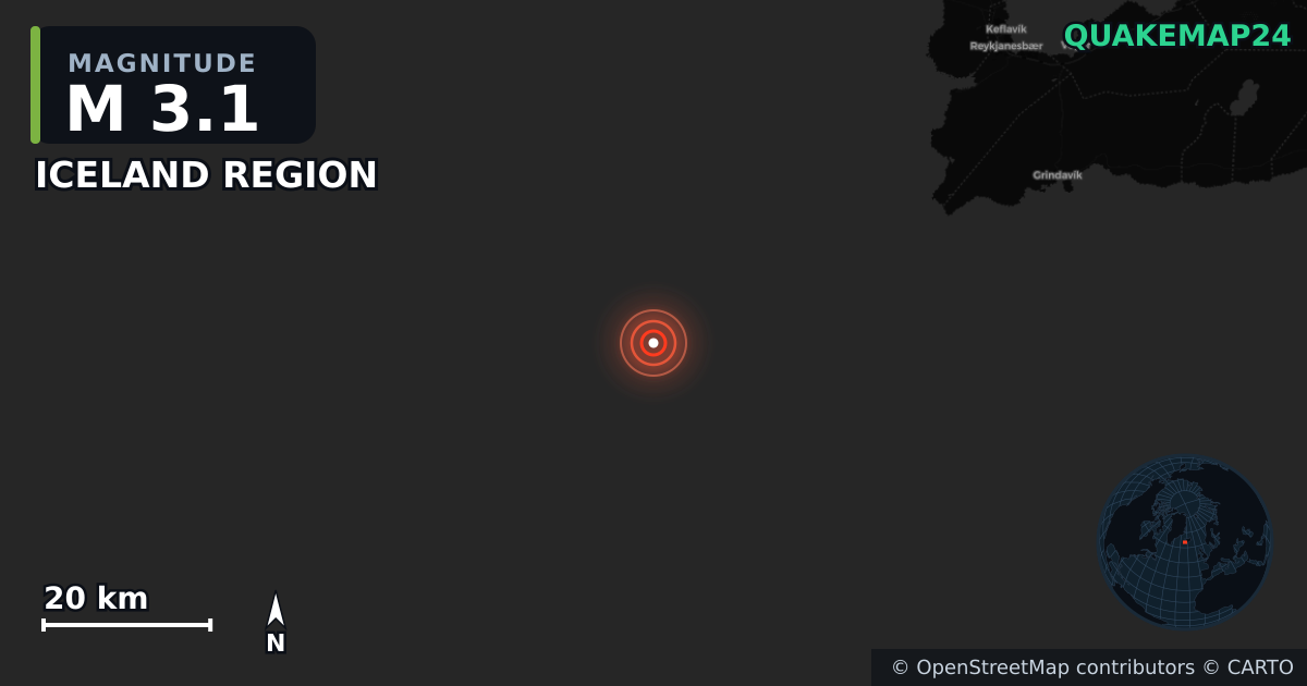 M3.1 earthquake near ICELAND REGION on Mar 23, 2026 — map of epicenter and shaking intensity | QuakeMap24