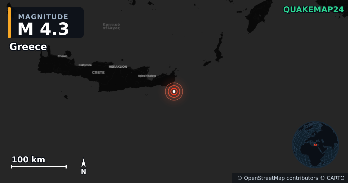 M4.3 earthquake near Greece on Apr 25, 2026 — map of epicenter and shaking intensity | QuakeMap24