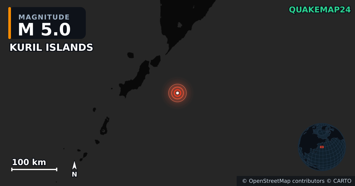 M5.0 earthquake near KURIL ISLANDS on Jul 31, 2025 — map of epicenter and shaking intensity | QuakeMap24