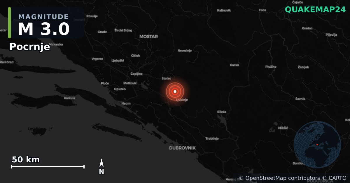 M3.0 earthquake near Pocrnje on May 2, 2026 — map of epicenter and shaking intensity | QuakeMap24