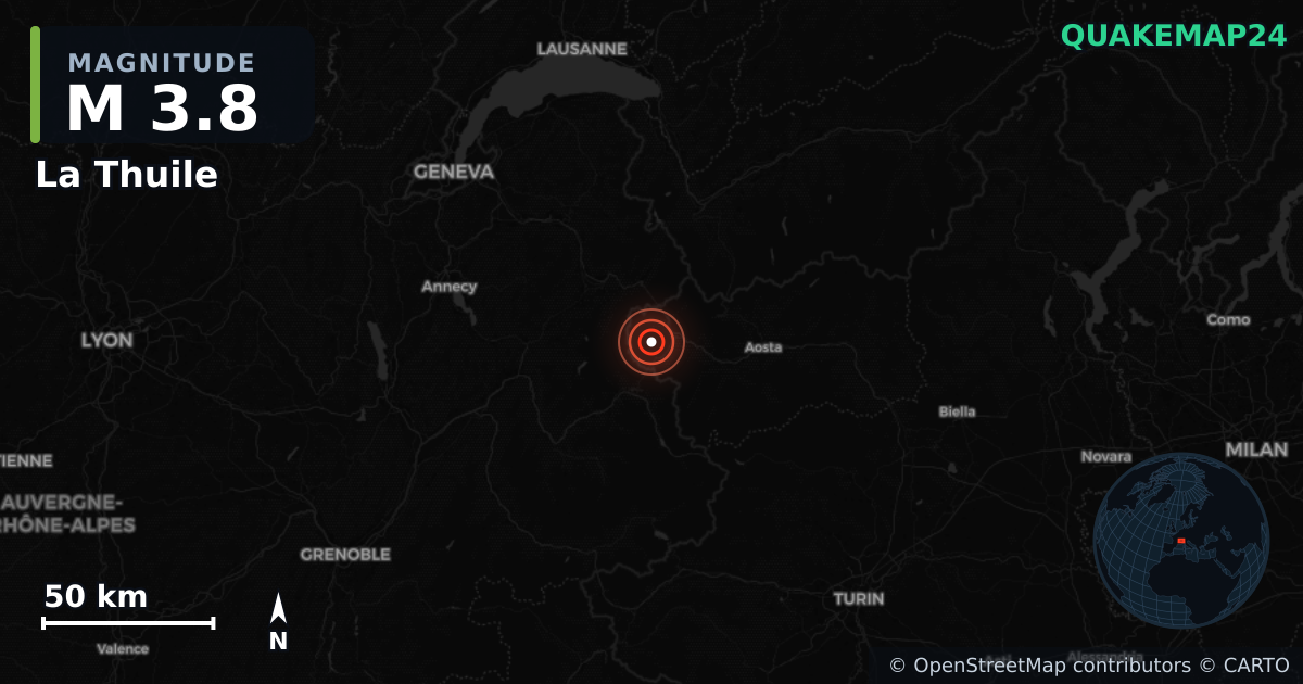 M3.8 earthquake near La Thuile on Jan 12, 2026 — map of epicenter and shaking intensity | QuakeMap24