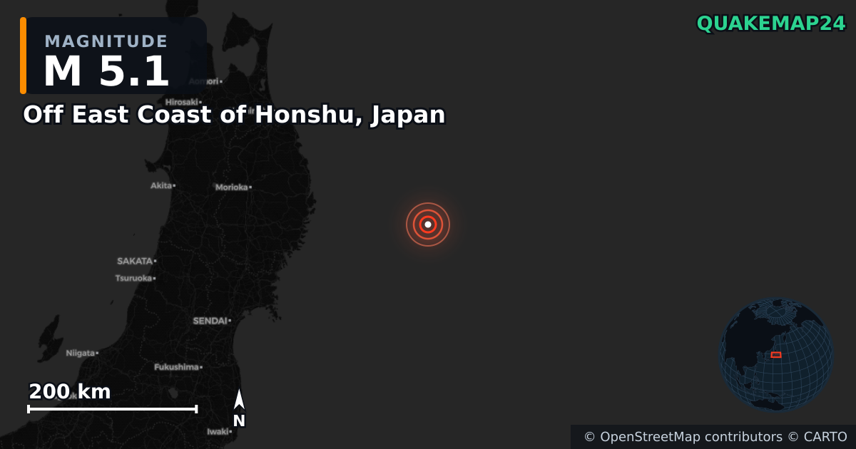 M5.1 earthquake near Off East Coast of Honshu, Japan on Nov 9, 2025 — map of epicenter and shaking intensity | QuakeMap24