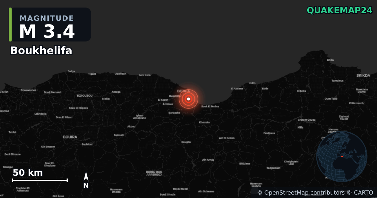 M3.4 earthquake near Boukhelifa on Jul 13, 2026 — map of epicenter and shaking intensity | QuakeMap24