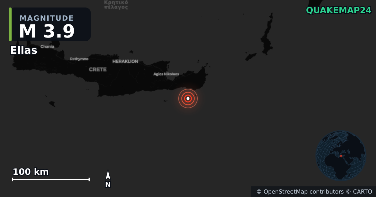 M3.9 earthquake near Ellas on Apr 24, 2026 — map of epicenter and shaking intensity | QuakeMap24