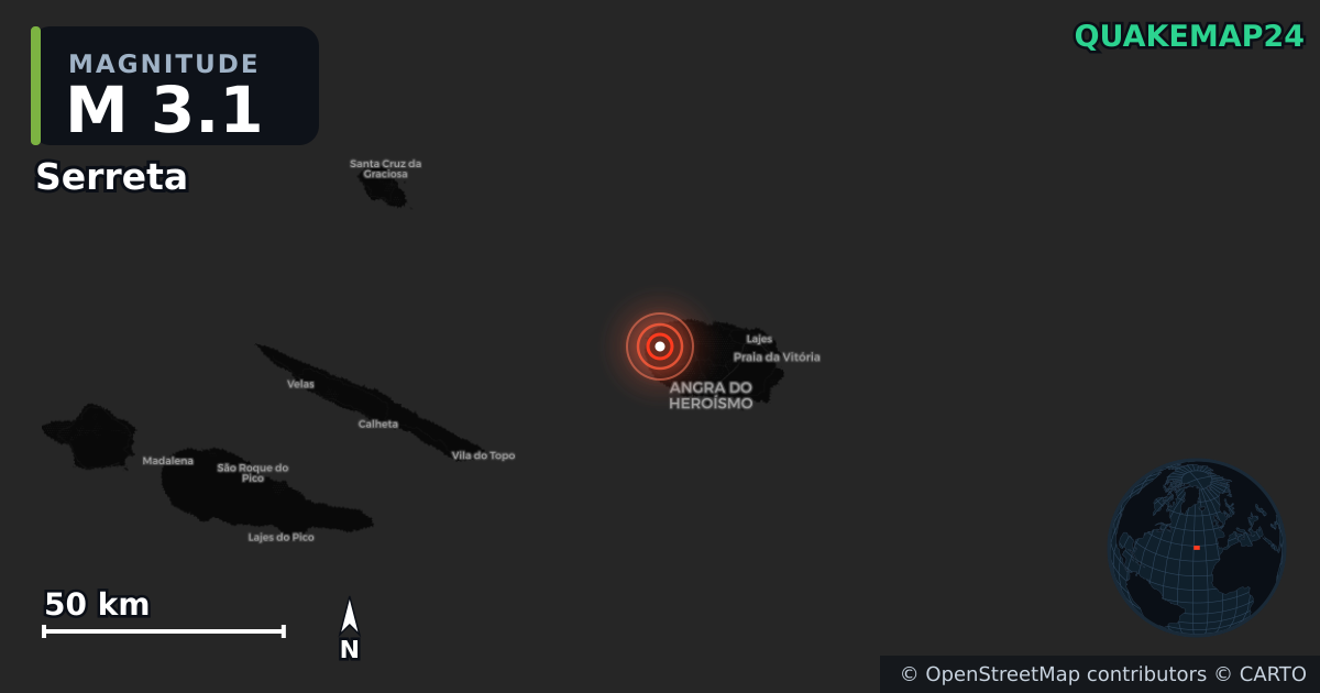 M3.1 earthquake near Serreta on Oct 22, 2025 — map of epicenter and shaking intensity | QuakeMap24