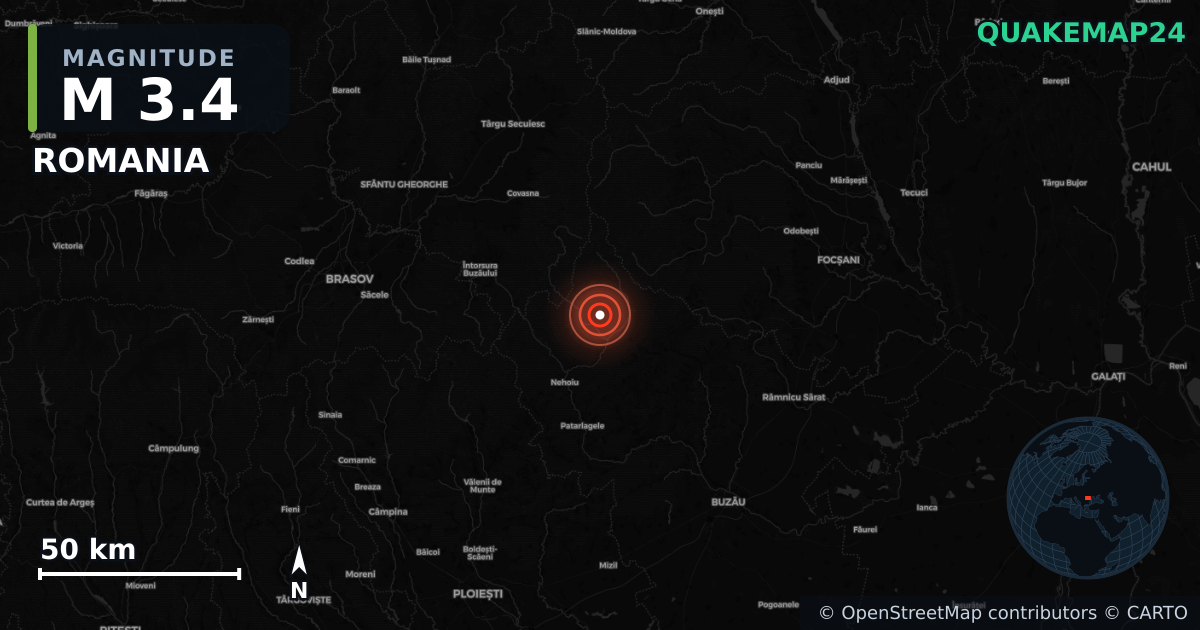 M3.4 earthquake near ROMANIA on May 29, 2025 — map of epicenter and shaking intensity | QuakeMap24