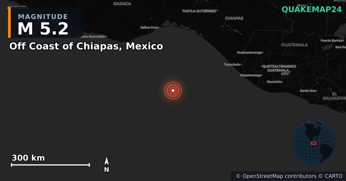 M5.2 earthquake near Off Coast of Chiapas, Mexico on Jul 17, 2026 — map of epicenter and shaking intensity | QuakeMap24