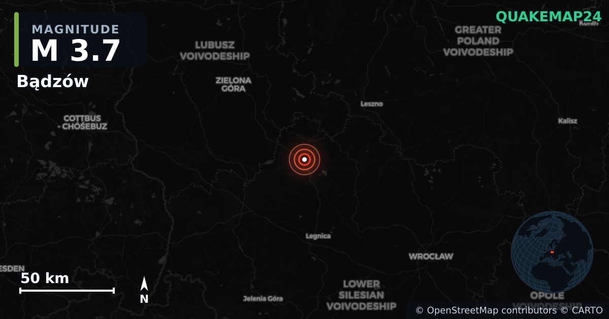 M3.7 earthquake near Bądzów on Jul 6, 2026 — map of epicenter and shaking intensity | QuakeMap24