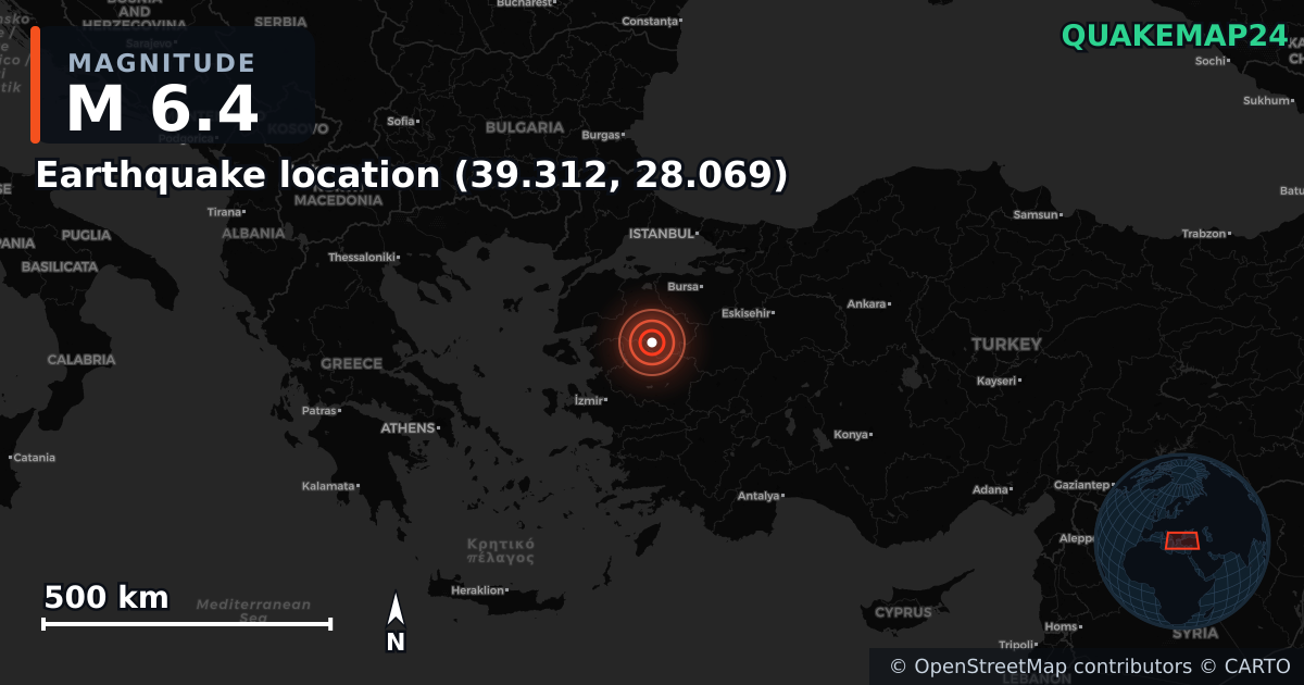 M6.4 earthquake near Ubicación del terremoto (39.312, 28.069) on Aug 10, 2025 — map of epicenter and shaking intensity | QuakeMap24
