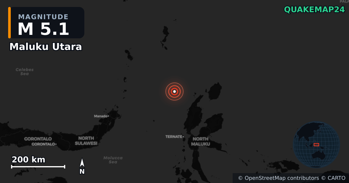 M5.1 earthquake near Maluku Utara on Jun 28, 2025 — map of epicenter and shaking intensity | QuakeMap24