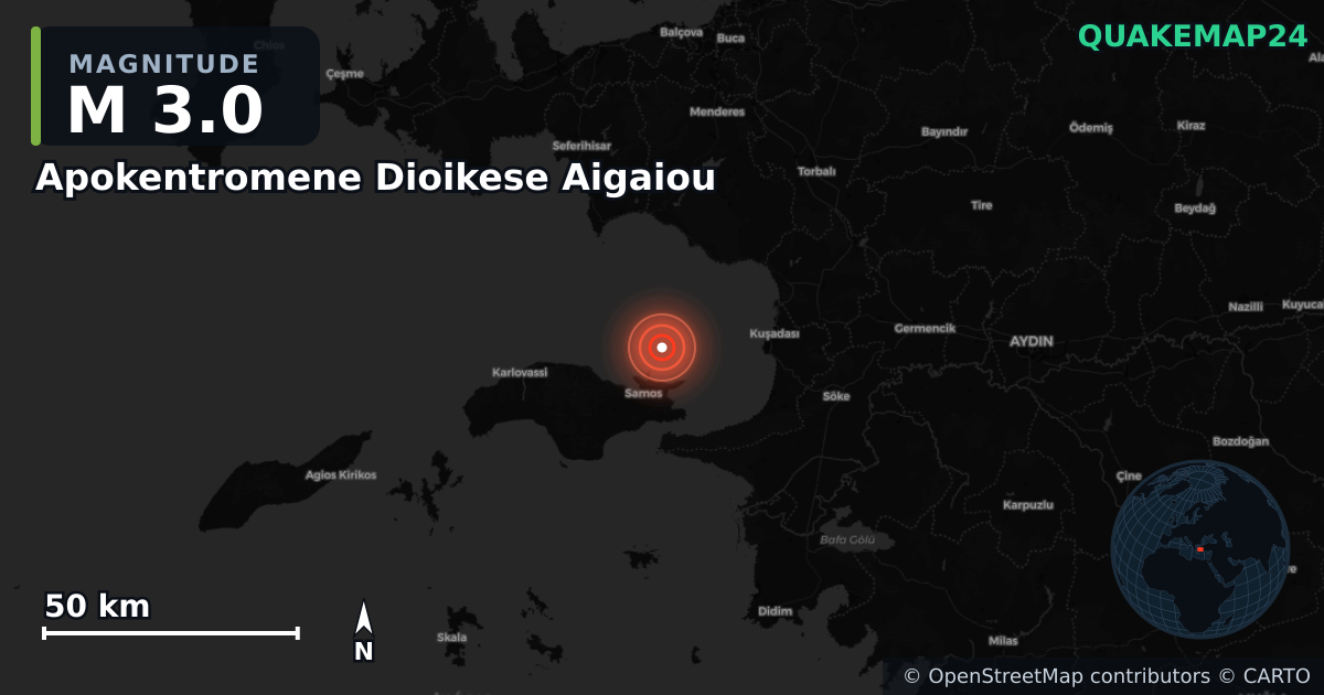 M3.0 earthquake near Apokentromene Dioikese Aigaiou on Oct 24, 2025 — map of epicenter and shaking intensity | QuakeMap24