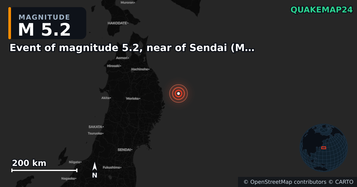 M5.2 earthquake near Event of magnitude 5.2, near of Sendai (Monde) on Nov 9, 2025 — map of epicenter and shaking intensity | QuakeMap24