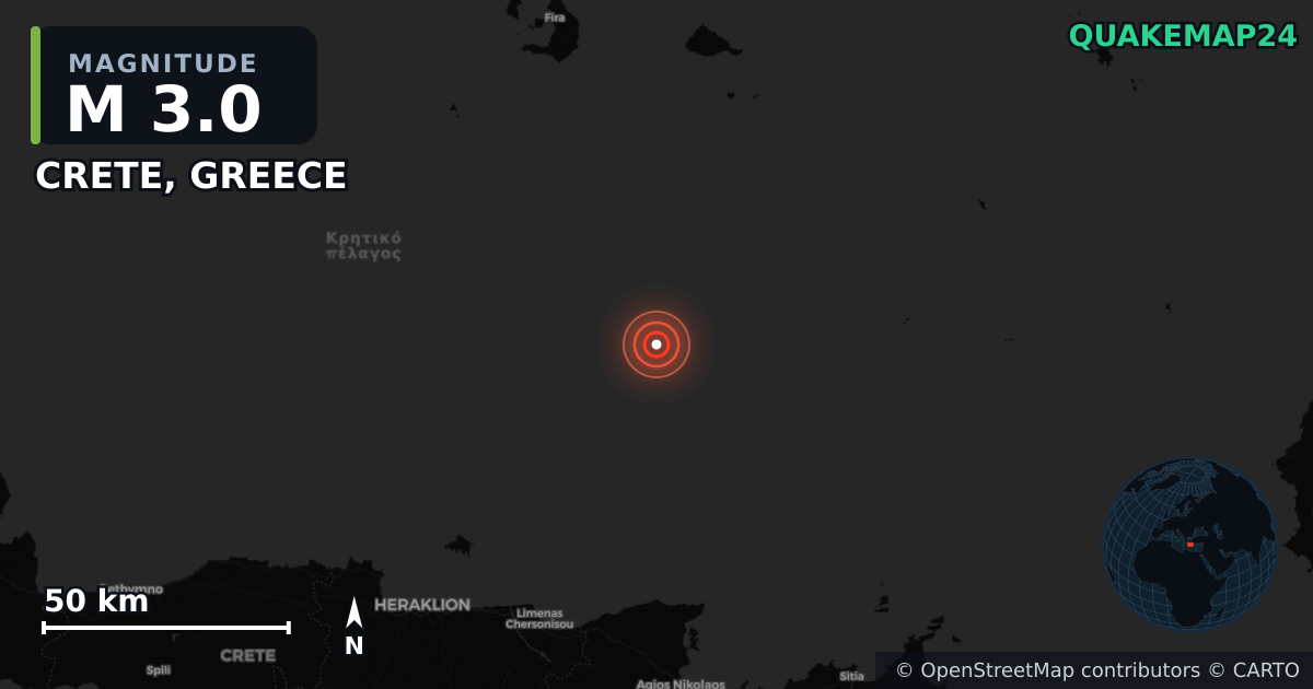 M3.0 earthquake near CRETE, GREECE on Nov 3, 2025 — map of epicenter and shaking intensity | QuakeMap24