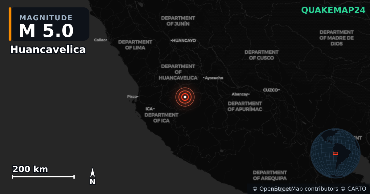 M5.0 earthquake near Huancavelica on Sep 15, 2025 — map of epicenter and shaking intensity | QuakeMap24
