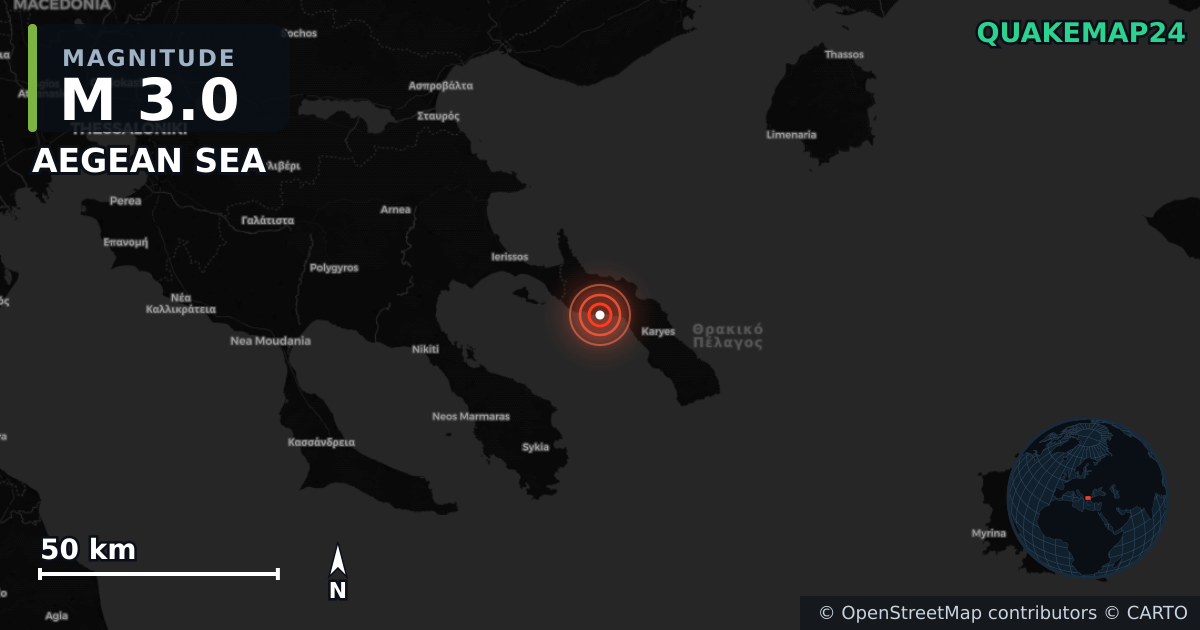 M3.0 earthquake near AEGEAN SEA on Jun 12, 2025 — map of epicenter and shaking intensity | QuakeMap24