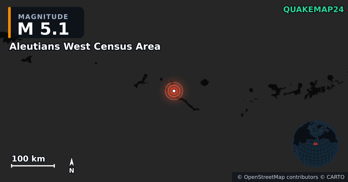 M5.1 earthquake near Aleutians West Census Area on Feb 14, 2026 — map of epicenter and shaking intensity | QuakeMap24