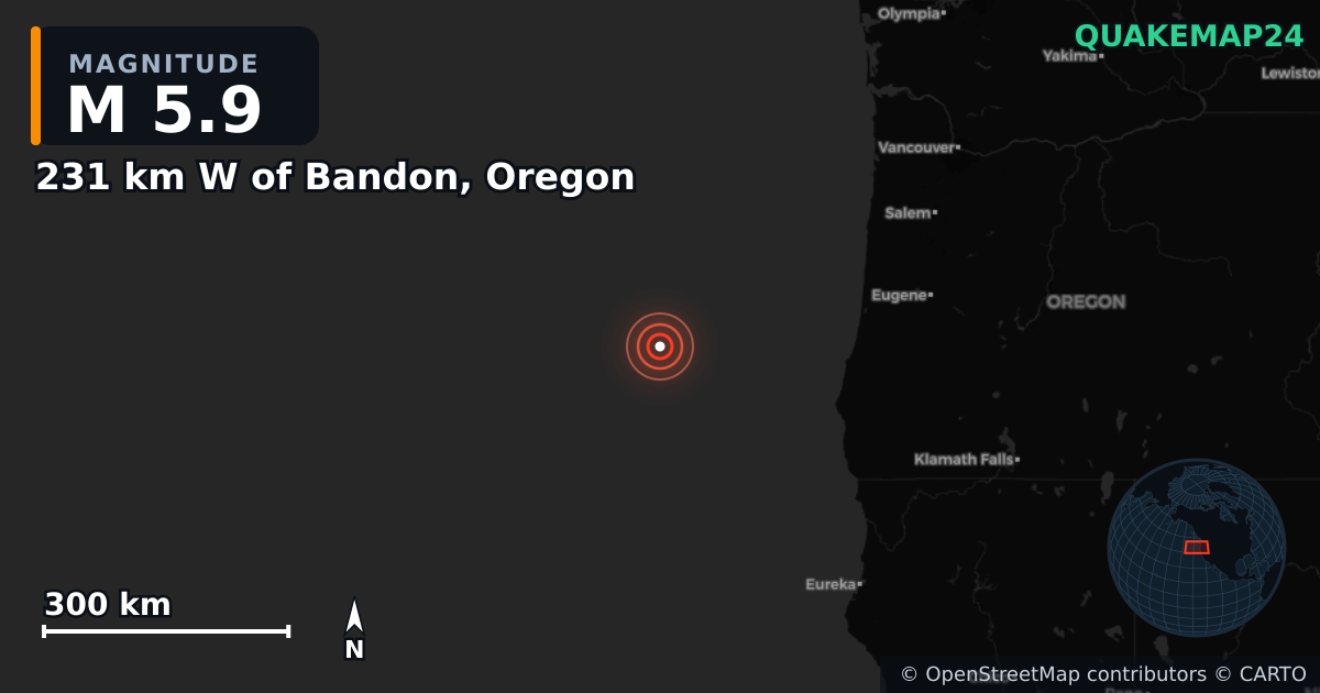 M5.9 earthquake near 231 km W of Bandon, Oregon on Sep 26, 2025 — map of epicenter and shaking intensity | QuakeMap24
