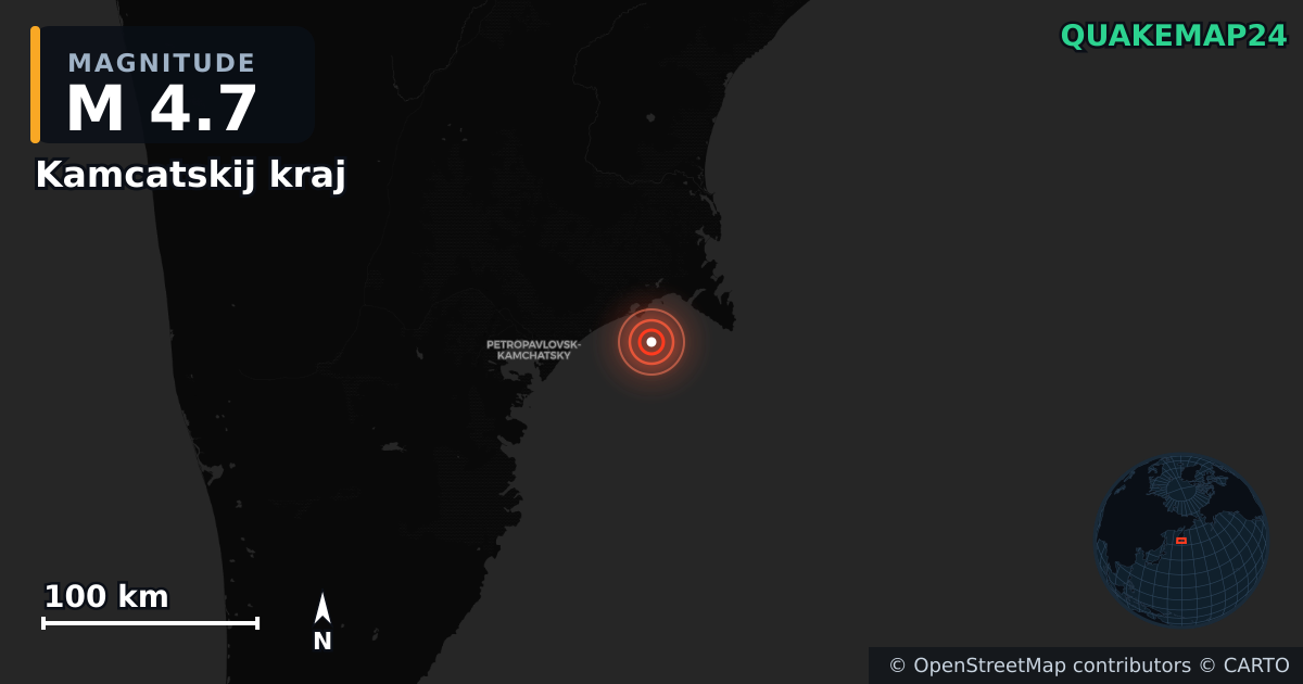 M4.7 earthquake near Kamcatskij kraj on Sep 29, 2025 — map of epicenter and shaking intensity | QuakeMap24