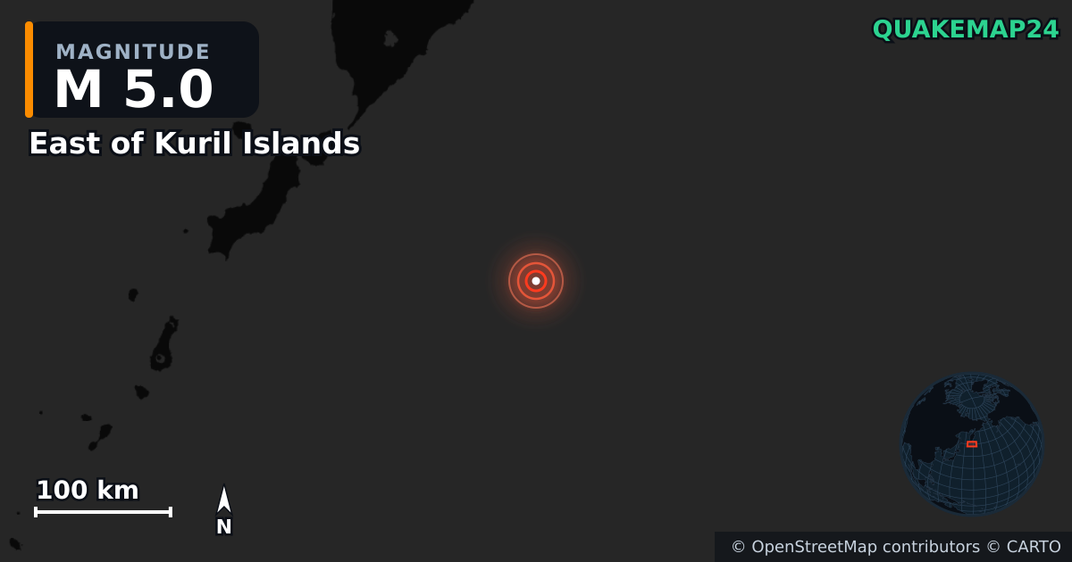 M5.0 earthquake near East of Kuril Islands on Nov 28, 2025 — map of epicenter and shaking intensity | QuakeMap24