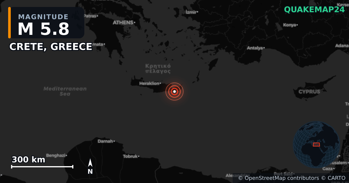 M5.8 Earthquake near CRETE, GREECE · 2026-04-24 — Map showing the location of the epicenter