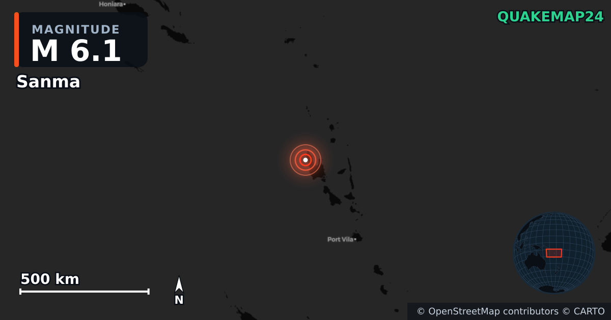 M6.1 earthquake near Sanma on Feb 14, 2026 — map of epicenter and shaking intensity | QuakeMap24