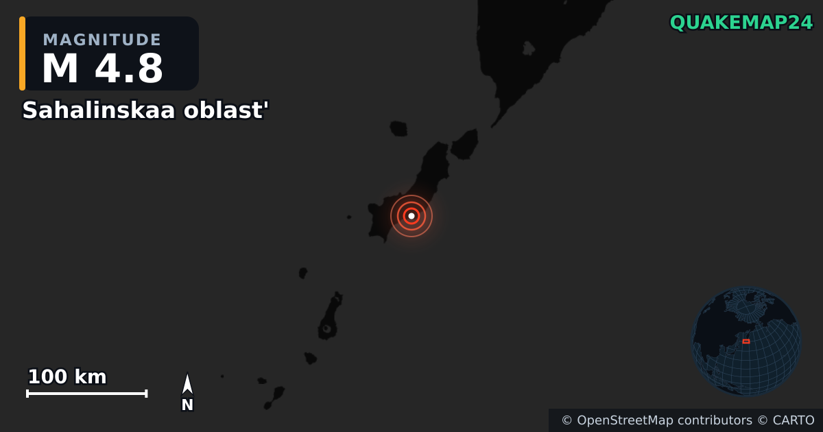 M4.8 earthquake near Sahalinskaa oblast' on Dec 7, 2025 — map of epicenter and shaking intensity | QuakeMap24