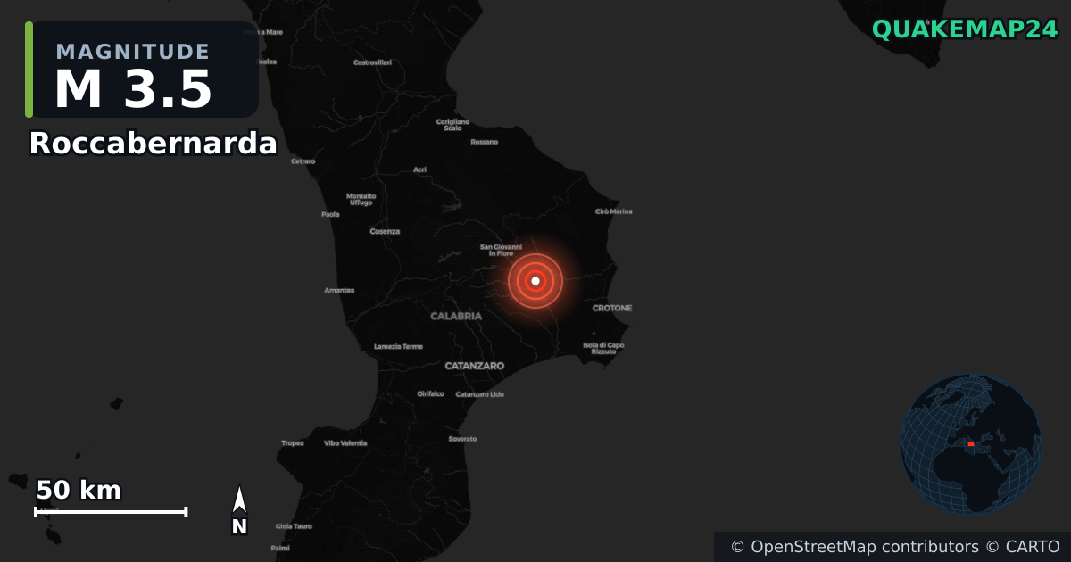 Roccabernarda, Calabria (İtalya) yakınında M3,5 deprem · 2026-06-26 — Deprem merkez üssünün konumunu gösteren harita