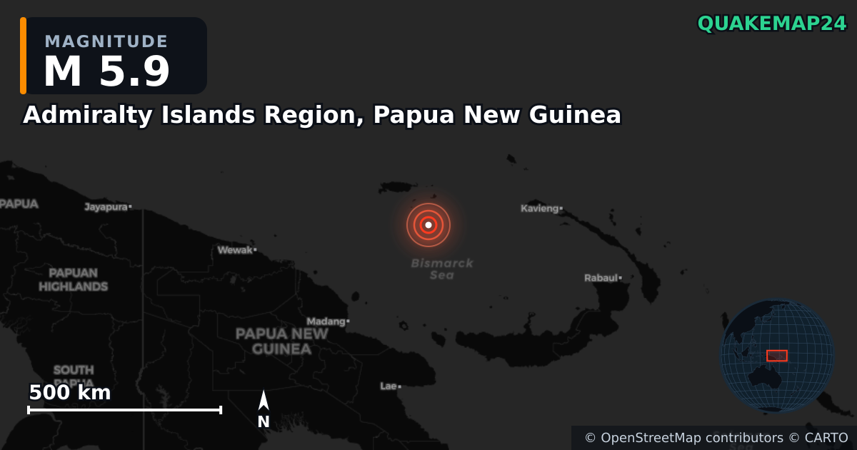 M5.9 earthquake near Admiralty Islands Region, Papua New Guinea on May 22, 2026 — map of epicenter and shaking intensity | QuakeMap24