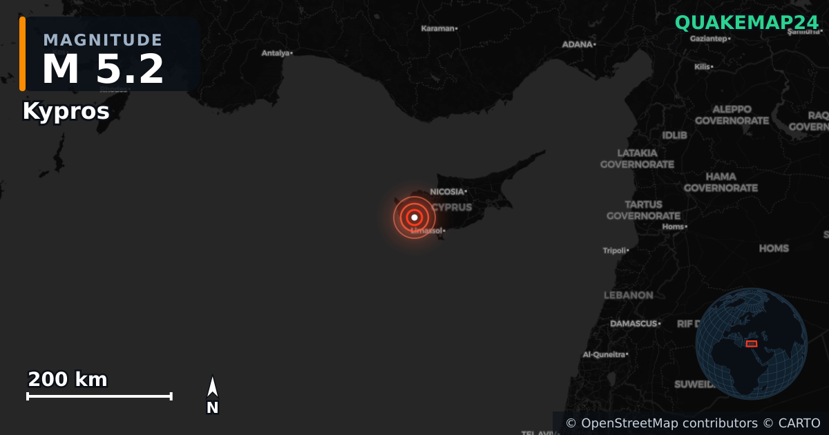 M5.2 earthquake near Kypros on Nov 12, 2025 — map of epicenter and shaking intensity | QuakeMap24