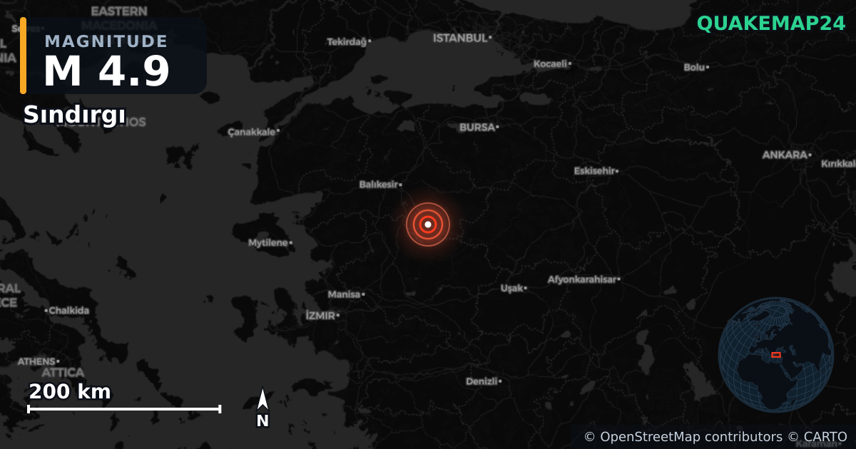 M4.9 earthquake near Sındırgı on Nov 10, 2025 — map of epicenter and shaking intensity | QuakeMap24