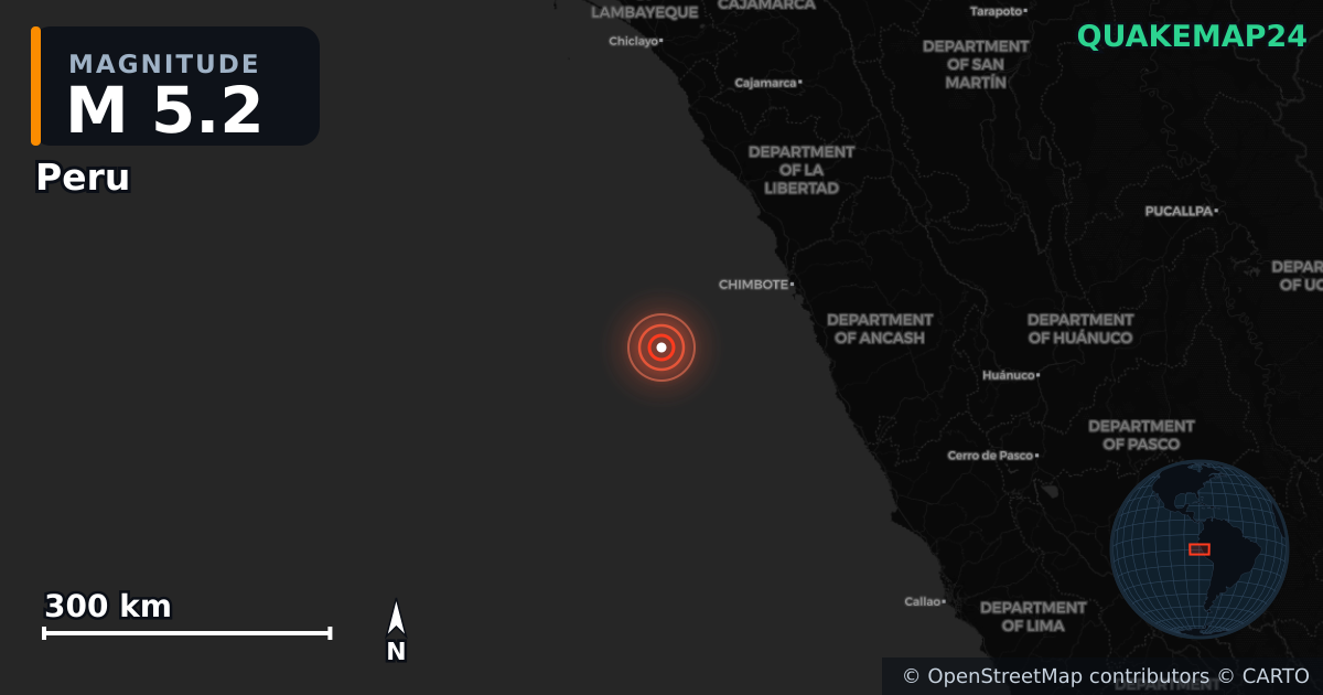 M5.2 earthquake near Peru on Jul 28, 2026 — map of epicenter and shaking intensity | QuakeMap24