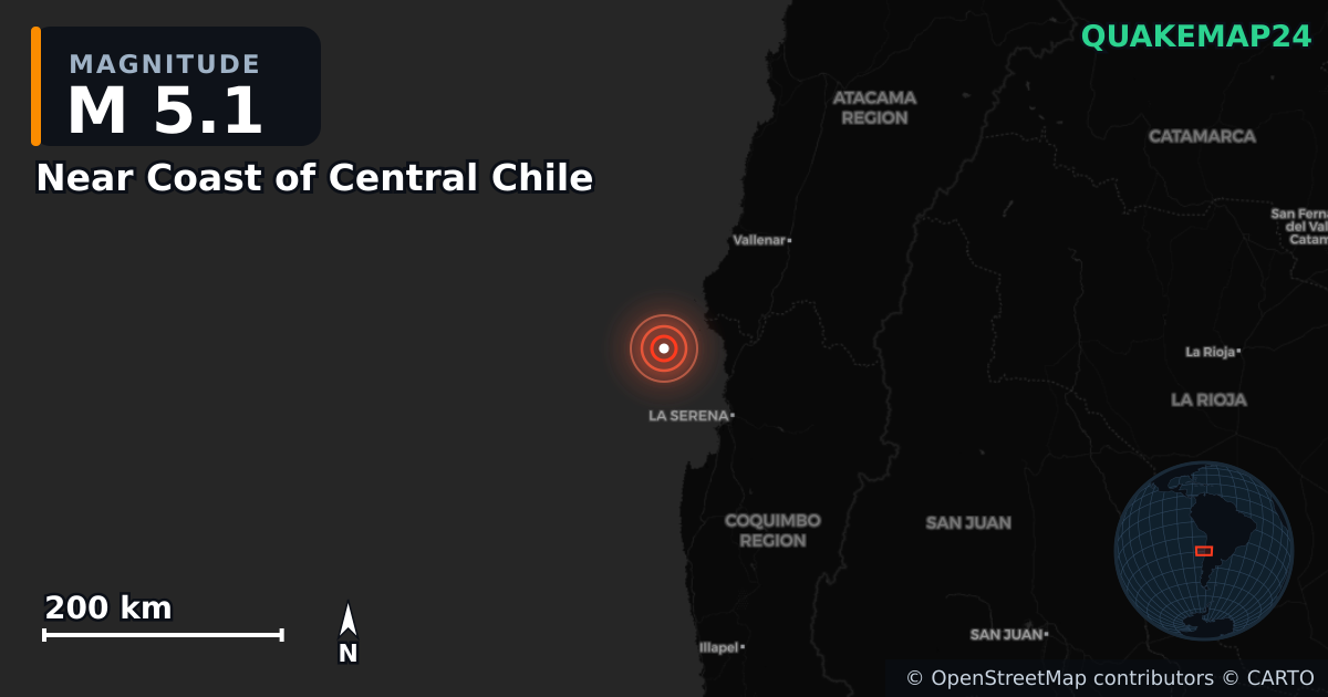 M5.1 earthquake near Near Coast of Central Chile on May 5, 2025 — map of epicenter and shaking intensity | QuakeMap24