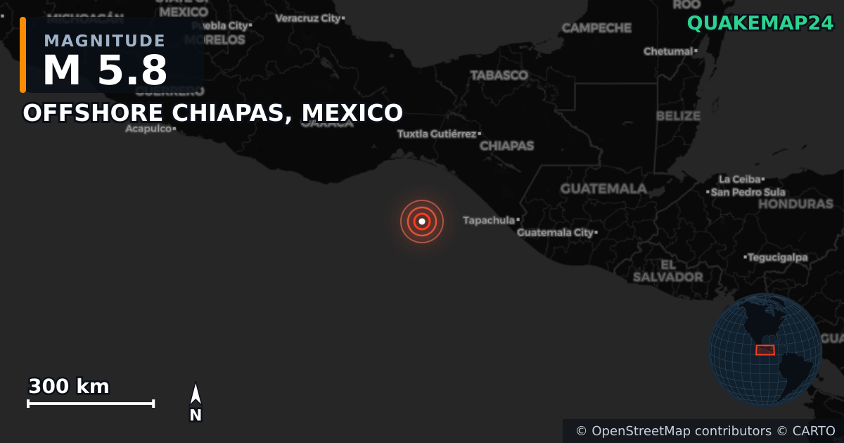 M5.8 earthquake near OFFSHORE CHIAPAS, MEXICO on Aug 11, 2025 — map of epicenter and shaking intensity | QuakeMap24