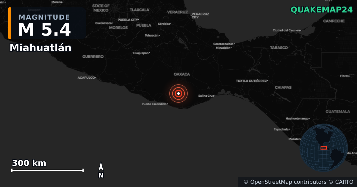 M5.4 earthquake near Miahuatlán on Feb 8, 2026 — map of epicenter and shaking intensity | QuakeMap24