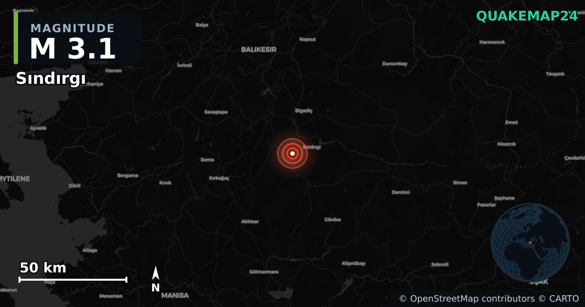 M3.1 earthquake near Sındırgı on Aug 14, 2026 — map of epicenter and shaking intensity | QuakeMap24